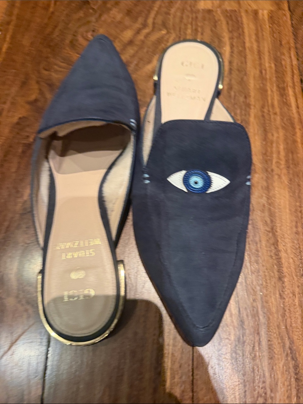 Stuart Weitzman Navy Suede Pointed Slip-On Mules with Eye Embroidery - Picture 4 of 5